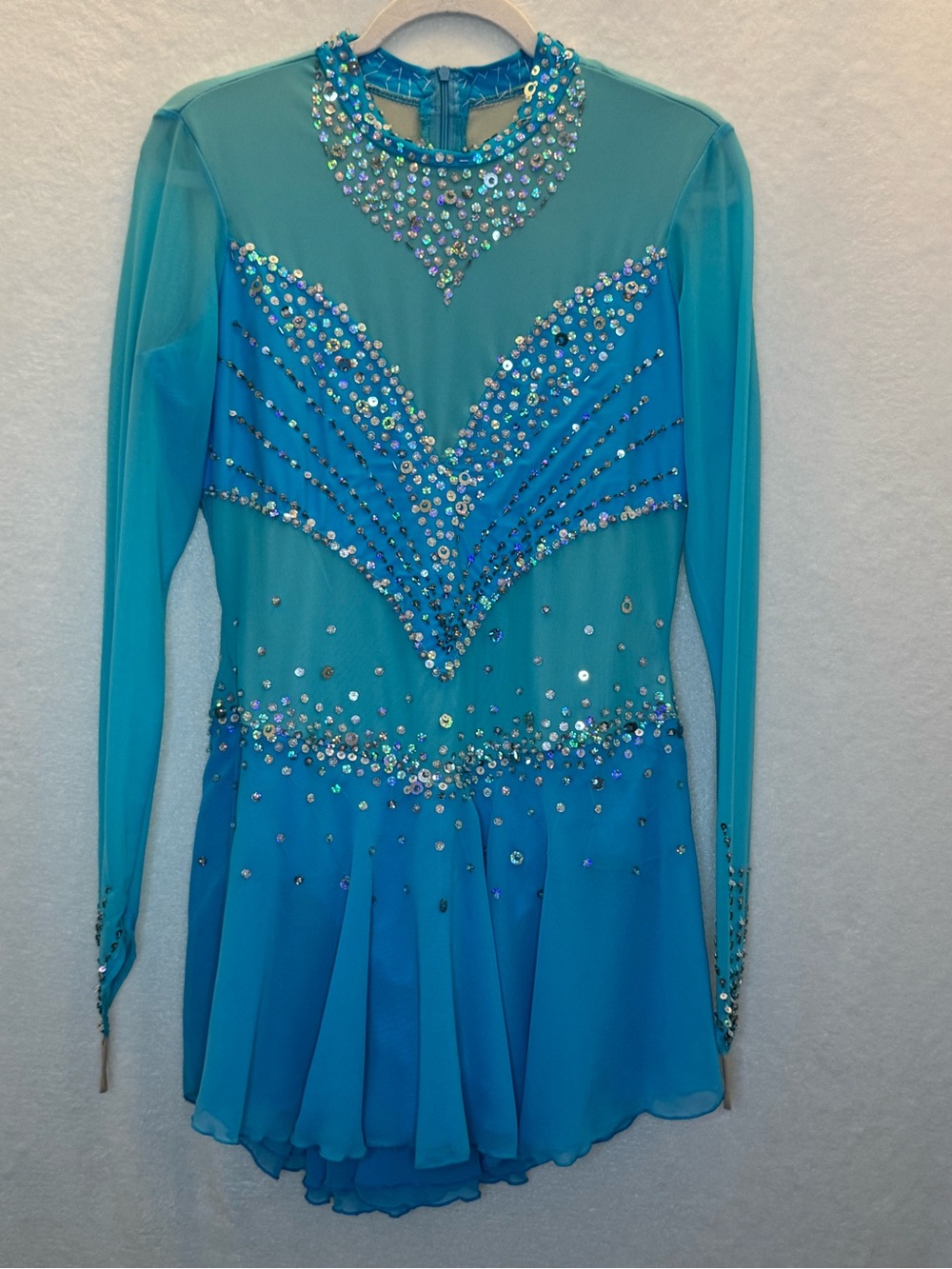 Stunning Turquoise Ice Skating Dress Rhinestones Sequins Illusion Neckline XL